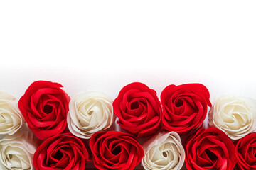 red and white roses on a white background6 close-up, frame, free space for text