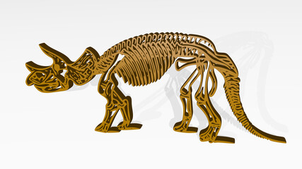 dinosaur made by 3D illustration of a shiny metallic sculpture on a wall with light background. creature and design