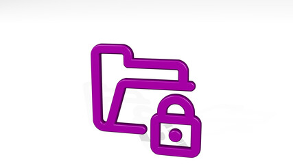 FOLDER LOCK from a perspective on the wall. A thick sculpture made of metallic materials of 3D rendering. key and office