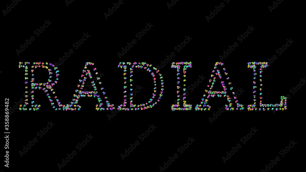 Fototapete colorful 3d writting of radial text with small objects over a dark background and matching shadow