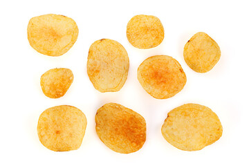 Classic potato chips. Fast food snack isolated on white background. A pile of crispy chips close-up as a background. Unhealthy food. Full depth of field.