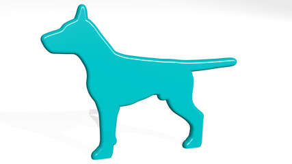dog made by 3D illustration of a shiny metallic sculpture on a wall with light background. animal and pet