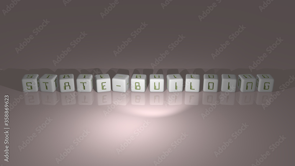 Poster state-building built by dice letters and color crossing for the related meanings of the concept by 3