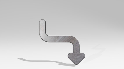 DIAGRAM CURVE DOWN from a perspective on the wall. A thick sculpture made of metallic materials of 3D rendering. template and blue