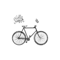 Hello summer. Cute romantic card with bicycle and calligraphy. Cute vector illustration for postcards, posters, stickers. Cute bike