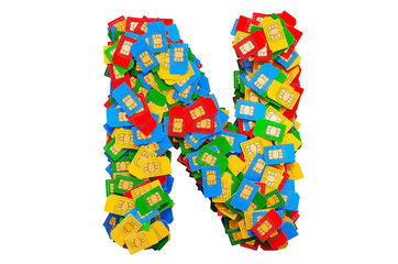 Letter N from colored SIM cards, 3D rendering