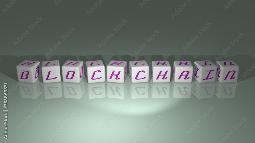 Poster shiny blockchain built by cubic letters from the top perspective, excellent for the concept presenta