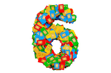 Number 6 from colored SIM cards, 3D rendering