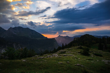 Obraz premium Wonderful autumn landscape in mountains. Perucica Rainforest in Sutjeska National park. Sunset.