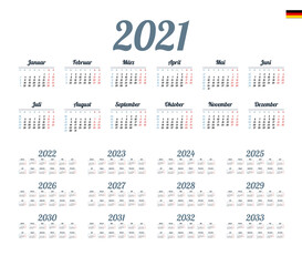 German Calendar for 2021-2033. Week starts on Monday