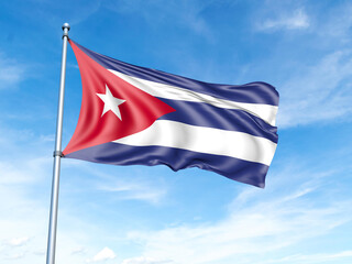 Cuba flag on a pole against a blue sky background.