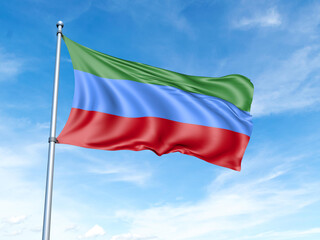 Fototapeta na wymiar Dagestan flag on a pole against a blue sky background.
