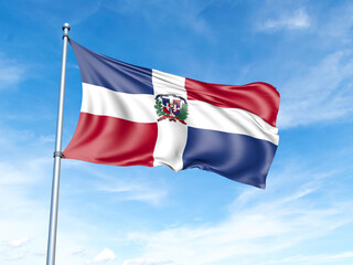 Dominican Republic flag on a pole against a blue sky background.