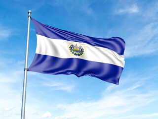 El Salvador flag on a pole against a blue sky background.