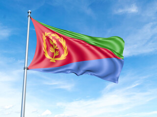 Naklejka na ściany i meble Eritrea flag on a pole against a blue sky background.