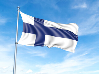 Finland flag on a pole against a blue sky background.