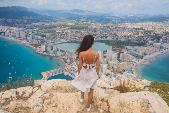 View of Calpe Calp town with Penon de Ifach mountain during the hiking to Penyal d'Ifac Natural Park, Marina Alta, province of Alicante, Valencian Community, Spain