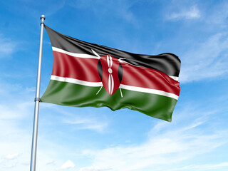 Naklejka na ściany i meble Kenya flag on a pole against a blue sky background.