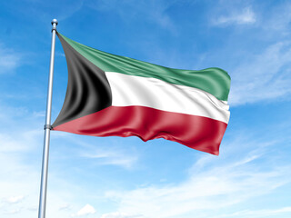 Naklejka na ściany i meble Kuwait flag on a pole against a blue sky background.