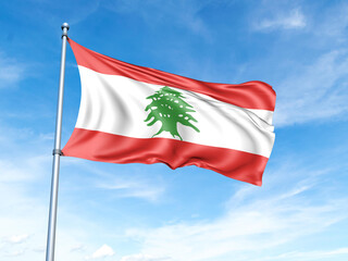 Fototapeta na wymiar Lebanon flag on a pole against a blue sky background.