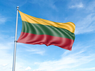 Naklejka na ściany i meble Lithuania flag on a pole against a blue sky background.