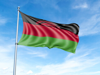 Malawi flag on a pole against a blue sky background.