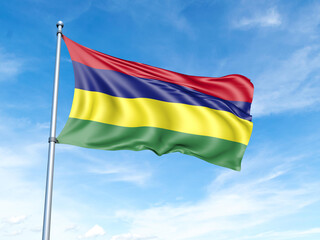 Mauritius flag on a pole against a blue sky background.
