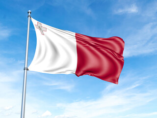 Malta flag on a pole against a blue sky background.