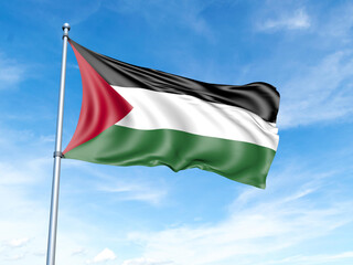 Palestine flag on a pole against a blue sky background.