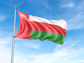 Fototapeta na wymiar Oman flag on a pole against a blue sky background.
