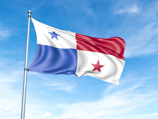Panama flag on a pole against a blue sky background.