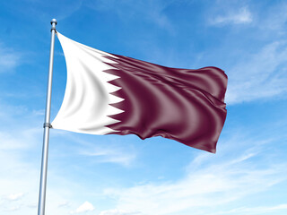 Qatar flag on a pole against a blue sky background.
