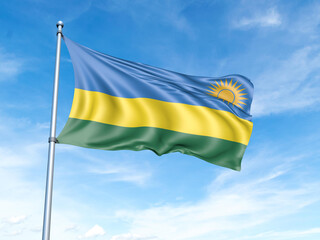 Rwanda flag on a pole against a blue sky background.