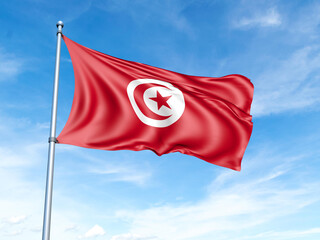 Tunisia flag on a pole against a blue sky background.