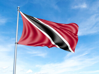 Trinidad Tobago flag on a pole against a blue sky background.