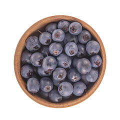 blueberries in wooden cup isolated on white background. top view