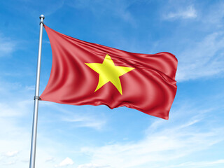 Vietnam flag on a pole against a blue sky background.