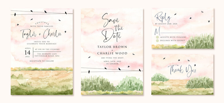 wedding invitation set with green field watercolor landscape