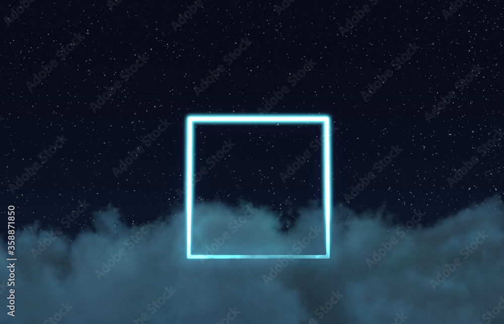 Aufkleber 3d rendering of neon square above fluffy clouds and in front of starry sky
