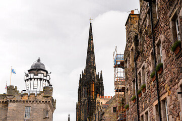 Church spire. High Street. Old Town of Edinburgh, Scotland. Old Town and New Town are a UNESCO World Heritage Site