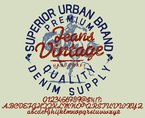 Craft retro vintage typeface design. Youth fashion type. Textured alphabet. Pop modern display vector letters. Drawn in graphic style. Set of Latin characters numbers