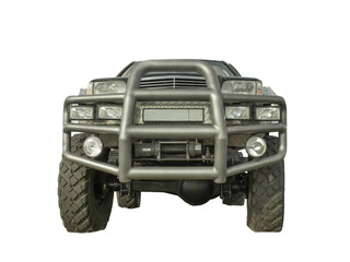 SUV with power bumper (roo bar) and huge wheels bottom view frontal perspective isolated