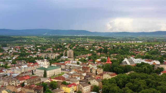 Aerial drone view of old European city - Drohobych. Downtown with city hall at center square. Cityscape
