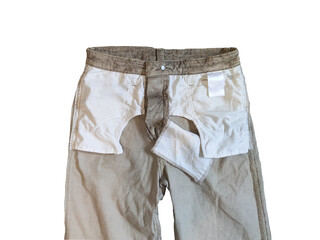 Wrong side of corduroy beige pants with two pockets isoltaed on white top view