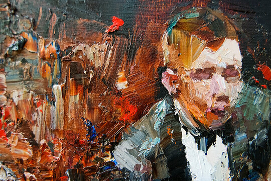 Young guy listens and plays jazz music, the background is brown, fragment of the artwork. Painted in the expressive manner. Palette knife technique of oil painting and brush.