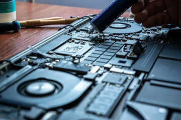 Engineer technician man upgrade and maintenance digital pc. Solutions services electronic hardware....