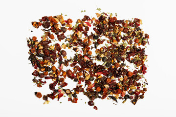 Background texture of dried leaves of fruit tea. The concept of a tea shop or tea ceremony. Assorted.