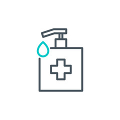 sanitizer dispenser with antiseptic drop gel single line icon isolated on white. Perfect outline antibacterial bottle symbol Coronavirus Covid 19 pandemic banner. Quality element with editable Stroke