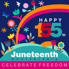 Vector illustration on Happy 155th Juneteenth Anniversary in abstract colorful floral designs