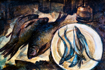 Still life with the "aged effect." Freshly caught fish, such as bream, carp and capelin, are depicted in a mixed technique (acrylic, watercolor, glued compressed paper, varnish layers)